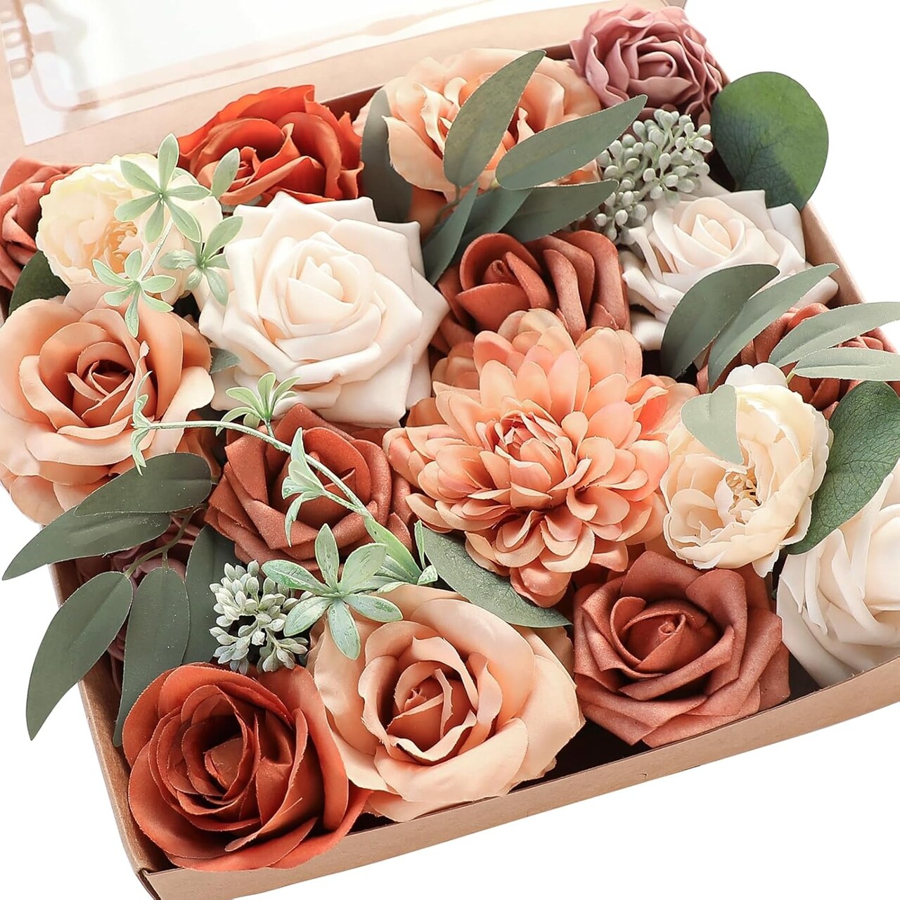 Terracotta Artificial Flower Combo Set - Burnt Orange Fake Roses, Peonies & Dahlias with Greenery - DIY Wedding Bouquet & Centerpiece Kit - Rustic Floral Decor for Bridal Showers